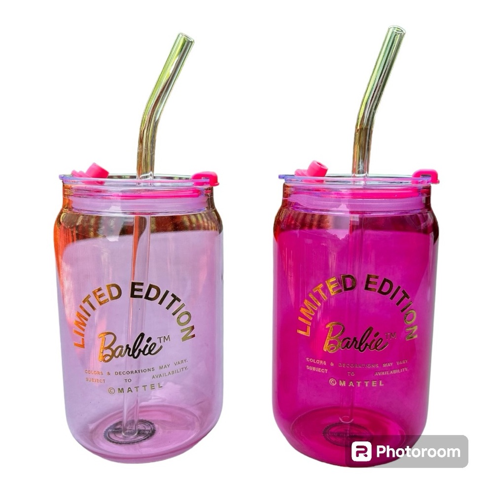 Barbie Collab  Pink Drink Glass Bamboo Lid Glass Straw Set x2 16 oz
